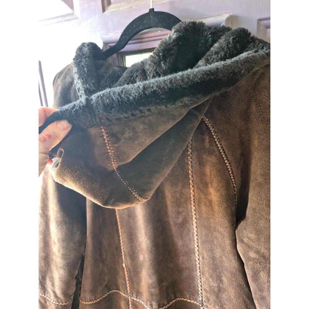 Vintage Marvin Richards genuine suede patchwork trench coat with hood womens Med - Picture 4 of 13